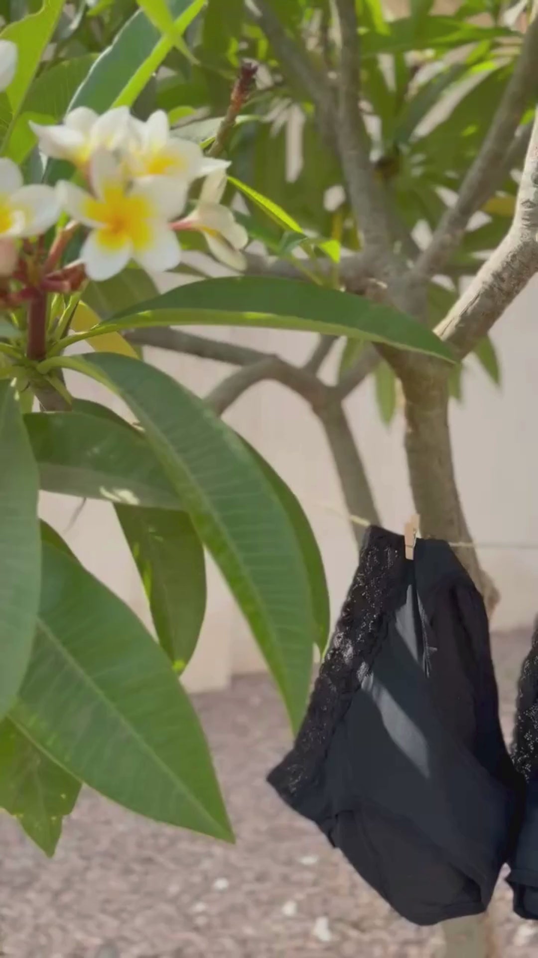Vidéo montrant trois culottes menstruelles dentelles suspendues sur un fil à linge à l'extérieur illustrant le coffret dentelle.
